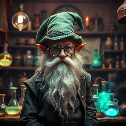 The image depicts a computer-generated, elderly wizard with a long white beard and mustache, wearing round black glasses and a green pointed hat. He has pointed ears and is dressed in a green jacket. The wizard is seated at a table filled with various glass beakers and flasks containing different colored liquids, including green, yellow, and orange. Behind him, there are shelves lined with additional glass containers and vases, some of which are lit up. The background is slightly blurred, emphasizing the wizard and his magical setup.