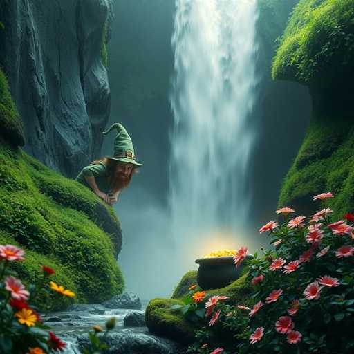 In this enchanting scene, a picturesque waterfall cascades down the center, its white waters contrasting beautifully with the lush greenery surrounding it. To the left, a towering gray rock formation stands majestically, while to the right, a vibrant green plant adorned with delicate pink flowers adds a touch of color. Nestled among the rocks at the bottom of the image, a small stream meanders through the landscape, enhancing the serene atmosphere.

On the left side of the image, a man with a long brown beard and mustache stands on the rocky terrain. He is dressed in a green shirt and a matching green hat, which features a distinctive gold buckle. His hands are clasped together as he gazes intently at a glowing black pot situated in front of him. The pot, filled with shimmering gold coins, emits a mystical light that illuminates the scene. The man's focused expression suggests he is captivated by the magical treasure before him, adding an element of wonder and curiosity to the overall composition.