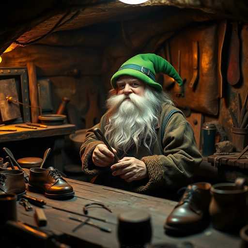In this detailed image, a man is seated at a wooden workbench, deeply engrossed in his craft. He is wearing a green hat adorned with a black belt and a buckle, which adds a touch of whimsy to his appearance. His long, flowing white beard cascades down his chest, complementing his equally long white mustache. He is dressed in a green shirt layered with a brown sweater, and his hands are busy holding a tool, suggesting he is in the midst of shoemaking. 

The workbench in front of him is cluttered with various tools and materials, including a pair of brown leather shoes with black laces, indicating his trade. The background reveals a wall lined with more tools, further emphasizing his workshop setting. The lighting in the scene is dim, with a soft yellow glow emanating from a light source in the top left corner, casting a warm ambiance over the entire scene. The man gazes directly at the camera, his expression focused and contemplative, capturing a moment of quiet dedication to his craft.