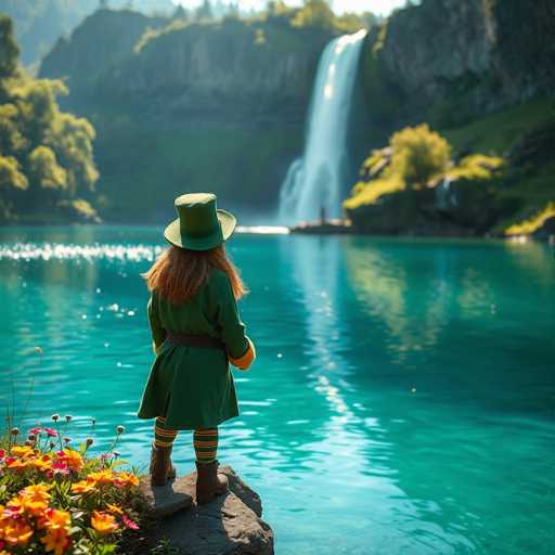In this captivating image, a young girl stands on a large, flat rock at the edge of a serene lake, gazing towards a majestic waterfall cascading down a cliff in the distance. She is dressed in a charming green outfit, complete with a green hat, a green dress, and green and yellow striped tights. Her long, reddish-brown hair flows gently in the breeze. The lake's water is a mesmerizing blend of turquoise and blue, reflecting the sunlight and adding a touch of magic to the scene. Surrounding her are vibrant yellow and pink flowers, adding a splash of color to the natural setting. The background is slightly blurred, drawing attention to the girl and the waterfall, while the lush greenery and rocky terrain frame the picturesque landscape beautifully.