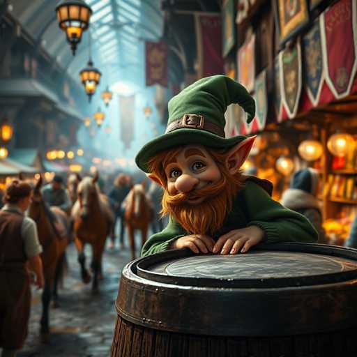A charming, mischievous leprechaun peeks from behind a wooden barrel in a bustling medieval marketplace. The scene is vibrant and detailed, with blurred figures of people and horses creating depth in the background. The leprechaun's bright green hat and beard contrast with the warm, golden lighting of the market stalls. The overall style is hyper-realistic and fantastical, capturing a magical moment in a lively setting.