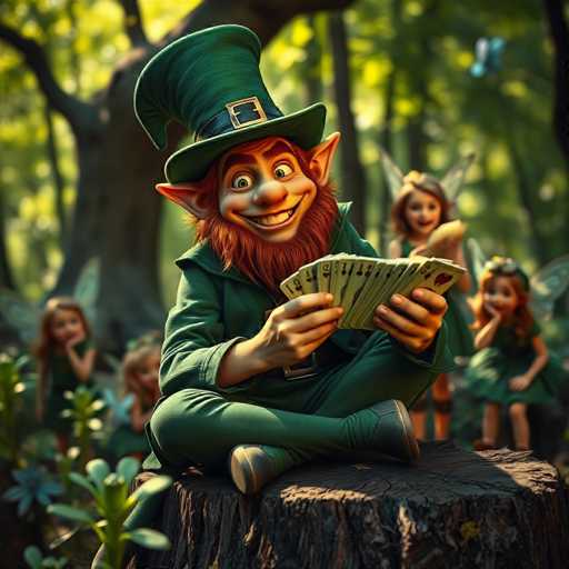 In this vibrant and whimsical scene, a leprechaun is depicted sitting cross-legged on a tree stump, surrounded by a group of fairy-like creatures. The leprechaun, with his striking red beard and pointed ears, is dressed in a traditional green outfit complete with a hat adorned with a black band and a gold buckle. He holds a hand of playing cards, his expression one of surprise as he looks directly at the viewer. 

Behind him, a group of fairies with delicate wings and green dresses are gathered, their faces blurred but their presence adding to the enchanting atmosphere. The setting is a lush forest, with sunlight filtering through the trees, casting a warm glow on the scene. The leprechaun's shoes are a unique blend of brown and green, adding to his quirky charm. The overall image exudes a sense of magic and wonder, capturing a moment of playful curiosity in a fairy-tale world.