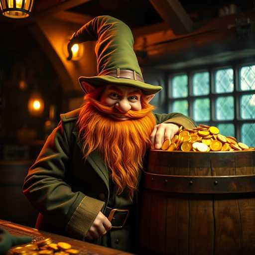 The image depicts a highly detailed, computer-generated scene of a dwarf or gnome-like character standing in a dimly lit, medieval-style tavern. The character, with a long, bushy red beard and mustache, is dressed in a green coat and matching green pointed hat, which features a brown belt around its base. He has pointy ears and a large nose, adding to his whimsical appearance. The dwarf is leaning on a wooden table with his left arm, his hand resting on a large barrel overflowing with gold coins. His right hand is also visible, resting on the table. The background is blurred but reveals a wall adorned with multiple windows, some of which are illuminated, casting a warm glow. The overall atmosphere is dark and cozy, with the light from the windows providing the primary illumination.