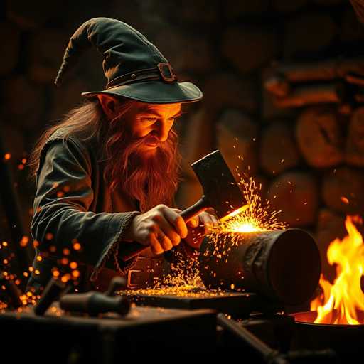 The image depicts a highly detailed, AI-generated scene of a wizard-like blacksmith engrossed in his craft. The blacksmith, with long, flowing hair and a bushy beard, is adorned in a greenish-gray robe and a pointed hat that resembles a wizard's hat. He is meticulously forging a sword on an anvil, with bright orange sparks and flames illuminating the dark, cave-like setting. The background is dimly lit, with a stone wall and a pile of logs adding to the rustic ambiance. The blacksmith's intense focus and the dynamic sparks emphasize the intensity of the moment, making it a captivating portrayal of old-world craftsmanship.