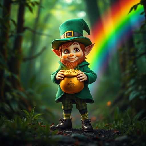 This AI-generated image depicts a charming leprechaun standing in a lush, green forest. The leprechaun is dressed in traditional attire, including a green hat adorned with a black band and a gold buckle, a green coat, green and yellow striped pants, and black boots. His pointed ears and rosy cheeks add to his whimsical appearance. He holds a golden pot filled with gold coins, and his expression is one of joy as he gazes off to the left. The background features a vibrant rainbow arching across the sky, adding a magical touch to the scene. The forest is filled with trees and greenery, creating a serene and enchanting atmosphere. The image is rich in colors such as green, yellow, gold, brown, red, blue, and purple, enhancing the overall fantastical quality of the scene.