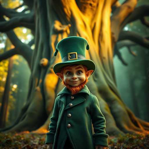 The image depicts a whimsical scene featuring a leprechaun standing in front of a colossal tree. The leprechaun is dressed in a traditional green outfit, complete with a green coat adorned with four silver buttons, a matching green hat with a black band and a gold buckle, and a distinctive red beard. His pointed ears and expressive brown eyes add to his charming appearance. The tree behind him is enormous, with a thick trunk and numerous branches, some of which are adorned with acorns. The tree's bark is a mix of brown and green hues, and the sunlight illuminates the right side of the tree, casting a warm glow. The ground around the tree is covered with brown leaves, and the background is filled with additional trees, creating a lush forest setting. The leprechaun stands facing the camera, his arms resting by his sides, with a serene expression on his face.