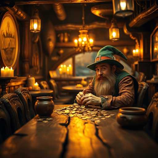 A bearded man with a green hat is seated at a wooden table covered with gold coins and various objects, including a pot of flowers and a candle. The room has a rustic charm, with a chandelier hanging from the ceiling and a large window on one side allowing natural light to filter in.