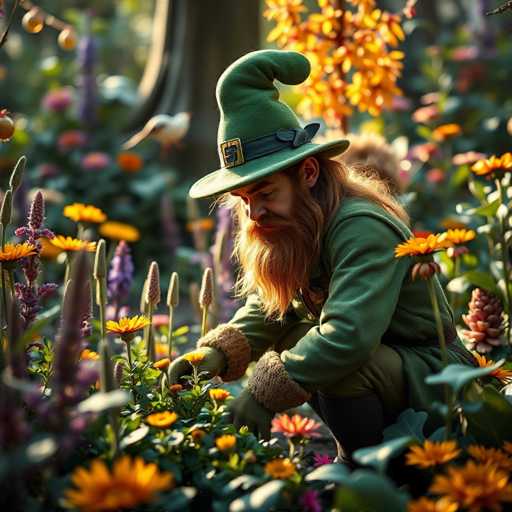 In this captivating image, a man dressed as a leprechaun is seen tending to a vibrant garden. He sports a traditional green outfit, complete with a matching hat adorned with a black belt featuring a gold buckle. His long, flowing red hair and equally long beard add a whimsical touch to his appearance. The man is kneeling down, carefully examining and nurturing the flowers around him. The garden is a burst of color, with orange, purple, and pink blooms creating a picturesque scene. In the background, a large tree trunk stands tall, accompanied by a smaller tree with striking yellow leaves. The overall scene is a delightful blend of nature's beauty and festive attire, evoking a sense of magic and wonder.