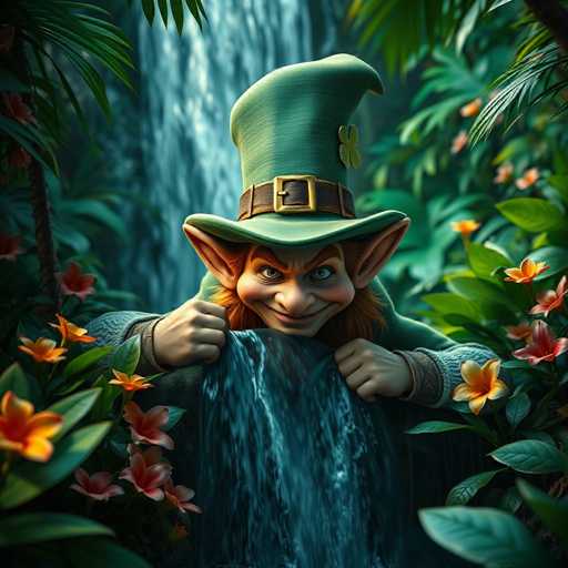 The image depicts a computer-generated, cartoon-like scene featuring a leprechaun with distinct, pointy ears and a mischievous grin. He is dressed in a green hat adorned with a gold buckle and a four-leaf clover, and wears a blue sweater with brown cuffs. The leprechaun is positioned in the center of the image, partially hiding behind a waterfall that cascades from the top to the bottom of the frame. Surrounding him are lush green leaves and vibrant orange flowers, adding to the enchanting forest setting. The overall color palette includes shades of green, blue, brown, gold, and orange, enhancing the whimsical and magical atmosphere of the scene.