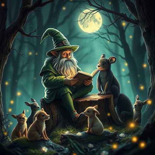 A wizard dressed in green robes and a green hat is sitting on a tree stump surrounded by six small animals including two rabbits and four squirrels. The scene takes place under the moonlight with the trees glowing with fairy lights.
