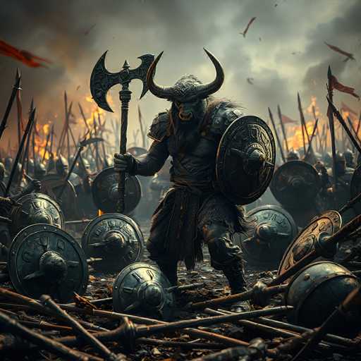 The image depicts a dramatic scene of a Viking warrior standing amidst the chaos of battle. The central figure is a formidable man clad in intricate armor, with a massive shield in his left hand and a double-sided axe in his right. His head is adorned with imposing horns, and his face is obscured by a long beard, giving him the appearance of a mythical beast. Surrounding him are numerous fallen warriors, their shields scattered across the ground, and spears protruding from the debris. The sky above is dark and ominous, filled with thick smoke that adds to the sense of destruction. In the background, a fierce battle rages on, with flames engulfing the landscape and soldiers engaged in intense combat. The overall atmosphere is one of chaos and violence, capturing the brutal reality of war.