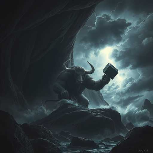 A colossal, dark, muscular creature resembling a bull stands in a dramatic, stormy cave. The creature is predominantly black and appears to be made of stone or dark rock, with large, curved horns. It's holding a massive, heavy hammer in its raised right hand, as if preparing to strike. The creature's left hand is resting on a jagged rock, and its body seems to be partially submerged in turbulent water. The cave is dimly lit, with a bright, ethereal light emanating from the opening of the cave in the background, possibly indicating a source of power or a magical realm. The overall atmosphere is one of immense power, mystery, and perhaps impending destruction.