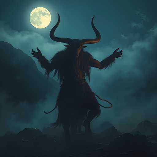 The image depicts a mythical creature with the head of a bull and the body of a human, standing on its hind legs. The creature has long, curved horns that extend upward and outward, and its arms are raised with fingers splayed. Its fur is long and shaggy, particularly around the shoulders and legs, giving it a hairy appearance. The creature's face is partially obscured by shadows, making it difficult to discern its features. It stands on a rocky surface, with a dark, cloudy sky behind it. The full moon is visible in the upper left corner, casting a dim light over the scene. To the left of the creature, there is a dark, indistinct shape that could be a mountain or a tree. The overall atmosphere of the image is eerie and mysterious, with the creature appearing to be in a state of alertness or possibly preparing to attack.