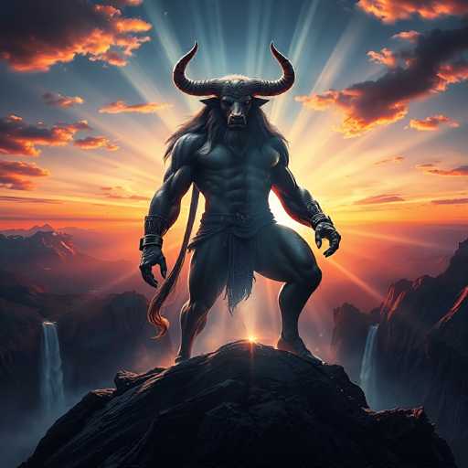 A powerful, muscular black bull-like creature stands on a rocky peak bathed in the warm glow of a dramatic sunset. The creature has large, curved horns and a long, flowing tail. Its body is covered in dark fur, and its eyes glow with an intense light. The background features a vast, mountainous landscape with cascading waterfalls and a vibrant sky filled with orange, pink, and purple hues. The creature is positioned in the center of the frame, radiating a sense of strength and power.