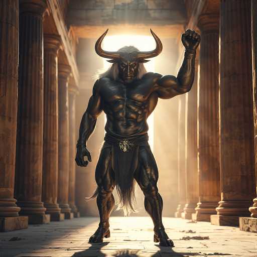A powerful, muscular, dark-skinned figure with large, curved horns stands in a grand, ancient temple. The figure is clad in dark, textured clothing and adorned with a decorative belt featuring a golden emblem. One arm is raised in a triumphant gesture, while the other is flexed, showcasing impressive biceps. The figure's face has a fierce expression with piercing eyes and dark hair. A golden light emanates from behind the figure, casting dramatic shadows on the stone floor and columns surrounding it. The overall atmosphere is one of power, strength, and ancient grandeur.