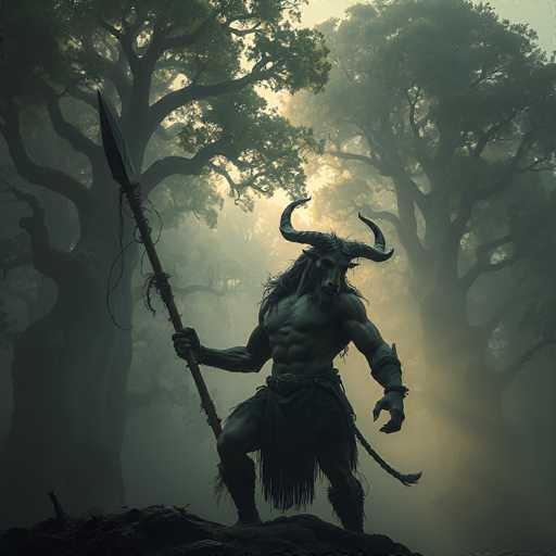 The image depicts a striking scene of a minotaur standing in a dense forest. The creature, with its muscular human-like body and the head of a bull, is positioned centrally in the frame. Its powerful stance is accentuated by its large horns and long, flowing hair. The minotaur's right hand grips a spear, while its left arm hangs by its side. It is adorned with a loincloth and leg coverings, adding to its mythical appearance. The forest backdrop is filled with towering trees, their branches stretching upwards, creating a canopy that filters the light. The ground beneath the minotaur is dark and earthy, contrasting with the lighter, almost ethereal glow that surrounds the creature, giving it an otherworldly aura. The overall atmosphere is one of ancient mythology brought to life, with the minotaur emerging from the misty depths of the forest.