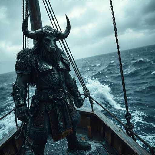 A man with long hair and horns stands on a wooden boat, holding a sword and wearing a helmet adorned with a shield. The boat is sailing through rough waters under an overcast sky.