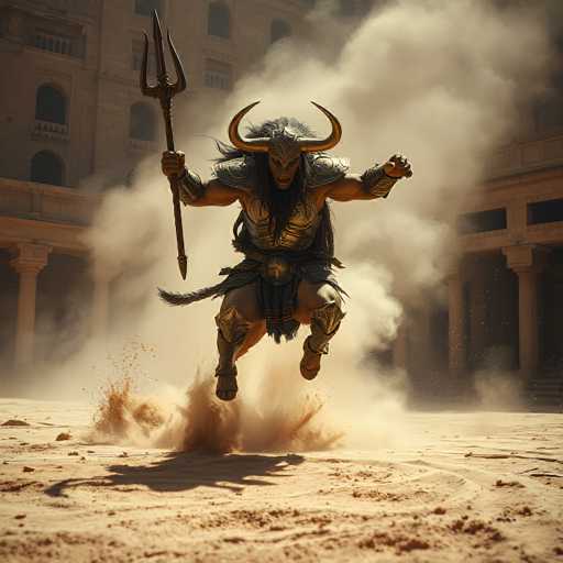 The image depicts a highly detailed, computer-generated scene of a minotaur charging forward with a menacing expression. The creature, a hybrid of man and bull, has a muscular human body adorned with gold armor, including shoulder plates, chest protection, shin guards, and a belt with a prominent gold buckle. Its head features large, curved golden horns and a helmet that covers its face, with long black hair flowing down its back. The minotaur's right hand grips a trident, while its left hand is clenched into a fist. It appears to be running on a sandy surface, stirring up dust and sand, which adds to the dynamic and intense atmosphere of the scene. The background showcases a grand, ancient-style building with multiple levels, arched windows, and columns, reminiscent of a coliseum or a structure from the Roman Empire. The overall color palette is dominated by shades of brown, gold, and tan, enhancing the historical and mythological feel of the image.