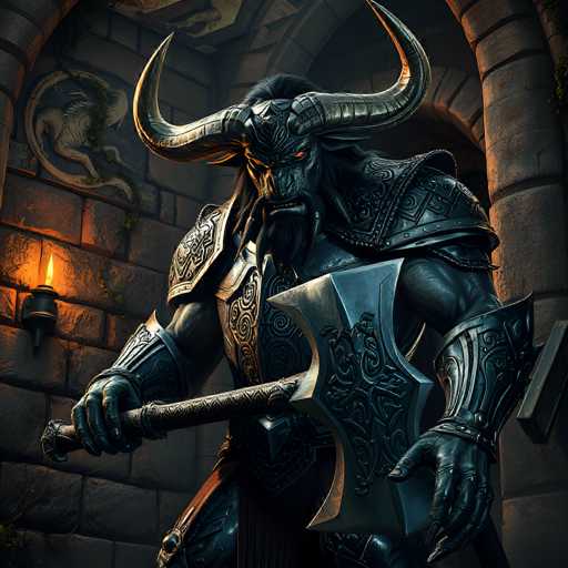 A colossal, muscular, dark-skinned ogre warrior stands in a dimly lit, ancient stone chamber. He is clad in ornate, dark metal armor adorned with intricate carvings of horns and mythical creatures. His face is fierce, with a prominent brow and piercing eyes that glow with an eerie light. He wields a massive, intricately designed axe in one hand and grips the handle of another weapon with the other. The background features a stone wall covered in moss, an open archway, and a flickering candle providing the only light source. The overall atmosphere is dark, imposing, and fantastical.