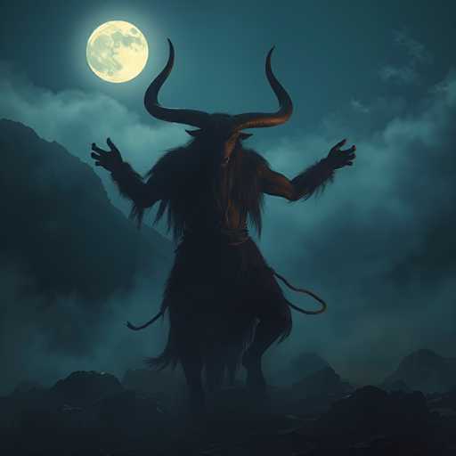 A dark figure with horns and a tail stands on a rocky cliff face against the backdrop of a full moon and clouds.
