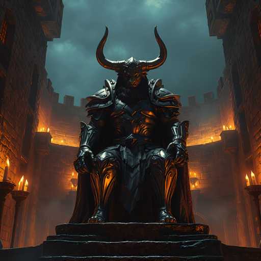 The image depicts a highly detailed, computer-generated scene of a demonic figure seated on a throne within a castle. The central character, resembling a devil or demon, is adorned in intricate black and gray armor, complete with large shoulder pads, a chest plate, and a skirt-like armor piece. His head is crowned with two prominent, curved horns that extend outward and then curve upward. The figure's face is menacing, with a long beard and a mustache, and his hands rest on his knees, showcasing sharp, claw-like fingers. He sits on a throne that is elevated by three steps, with his feet clad in armored boots.

The background reveals a grand castle with tall, imposing walls and numerous windows. The castle's architecture is accentuated by numerous lit candles and torches, casting an eerie, orange glow throughout the scene. The sky above is dark and cloudy, adding to the ominous atmosphere. The entire image is rendered in a dark palette of grays, blacks, and oranges, enhancing the sinister and foreboding mood.
