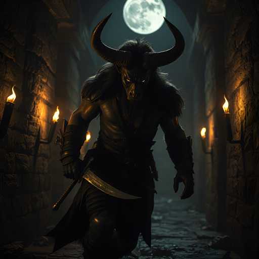 A male monster with horns and a beard is walking down a dark hallway lined with candles on either side. The monster has a sword in his hand and is wearing a helmet that matches the color of the candle flames.