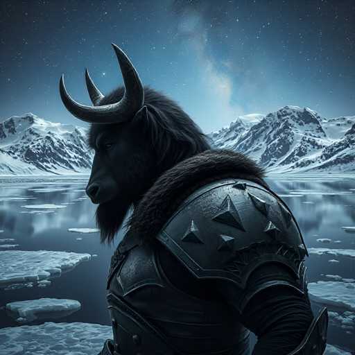 A majestic, anthropomorphic black bull figure stands in a serene, icy landscape under a starlit sky. The bull is clad in dark, intricately detailed armor with sharp, geometric patterns and a thick fur collar. Its large, curved horns are prominent, and its expression is calm and contemplative as it gazes towards the distant, snow-capped mountains. The background features a tranquil frozen lake with scattered ice floes and a soft, ethereal glow emanating from the sky. The overall mood is one of quiet power and winter's majesty.