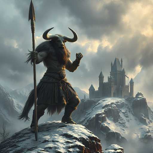 A powerful, muscular creature resembling a minotaur stands on a snow-covered mountain peak. It has a massive, furry body with large, curved horns and a long, shaggy mane. The creature holds a long spear in its right hand, pointing upwards, while its left arm is raised in a gesture of power or challenge. Its expression is fierce and determined, with glowing eyes that pierce through the cloudy sky. The background features a distant castle perched on another snow-covered mountain, partially obscured by mist and clouds. The overall atmosphere is dramatic and epic, with a sense of cold, wild power.