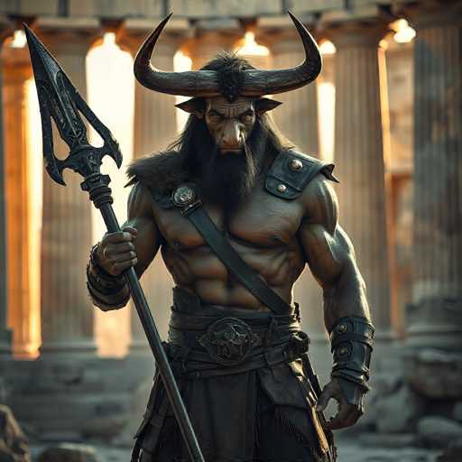 A powerful, muscular creature with a bull-like head and horns stands in a dramatic pose. The creature is clad in dark, textured armor and carries a large, ornate spear. Its expression is intense and focused. The background features ancient stone architecture bathed in warm, golden light, suggesting a setting of grandeur and perhaps a mythical or historical context. The overall style is detailed and evocative, with a focus on texture and lighting to create a strong visual impact.