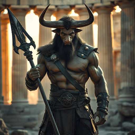A muscular man with a beard and horns stands in front of ancient columns, holding a spear in his right hand and wearing a leather belt around his waist.