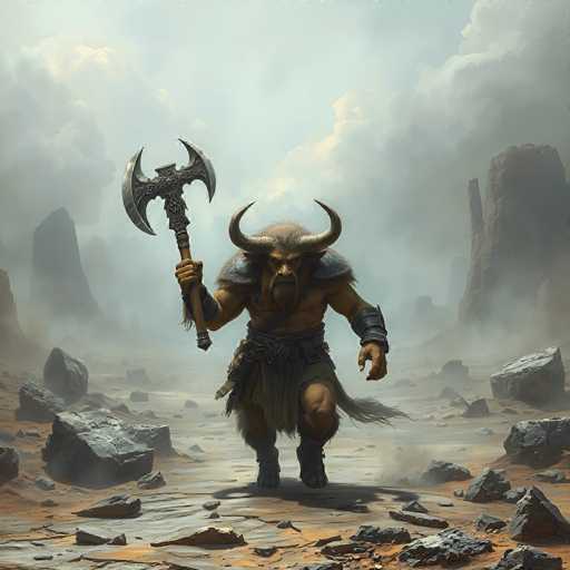 A powerful, muscular creature resembling a humanoid bull with large, curved horns and a furry body is walking forward in a desolate, rocky landscape. The creature holds a massive, axe-like weapon with a similarly bull-like head in its right hand. The background is hazy and indistinct, suggesting a vast, barren environment with towering rock formations in the distance. The creature's expression is determined and its posture suggests a powerful stride, kicking up dust with each step. The overall lighting is soft and ethereal, casting a dramatic atmosphere on the scene.