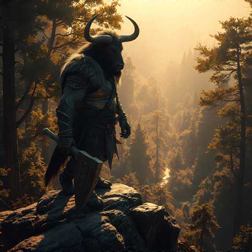 The image depicts a majestic, mythical creature standing on a rocky outcrop in a dense forest. This imposing figure, resembling a minotaur with its dark brown body, large curved horns, and glowing red eyes, is adorned in intricate armor. The creature's attire includes a fur cape, metal shoulder pads, and a skirt-like garment, with a shield strapped to its right arm and a massive hammer in its left. Its long tail hangs down, adding to its formidable appearance. The creature gazes intently to the right, its stance exuding strength and vigilance. The background reveals a vast expanse of tall, green trees, with sunlight filtering through the foliage, casting a warm glow on the scene. A river meanders through the forest, visible far below, enhancing the sense of depth and scale in this captivating, fantasy-like landscape.