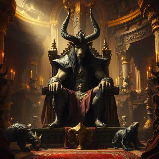 The image depicts a highly detailed, computer-generated scene of a demonic figure seated on a throne within a grand, circular room. The room is adorned with gold and brown hues, featuring intricate carvings and statues on the walls. The demonic figure, with a humanoid form, possesses a goat-like head complete with long, curved horns and a beard. He is clad in black armor on his legs and wears a red skirt, with his muscular arms resting on the armrests of the throne. Flanking the throne are two black, dog-like creatures with horns, resembling mythical beasts. The floor is covered with a red carpet, and the room is illuminated by numerous candles, adding to the eerie atmosphere. The overall scene is rich in fantasy elements, suggesting a setting from a video game or animated movie.