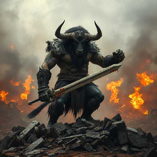 The image depicts a highly detailed, computer-generated scene of a formidable creature standing amidst the aftermath of a devastating battle. The creature, resembling a minotaur with its imposing bull-like head, features two large, curved horns that extend from either side of its head. Its body is that of a muscular man, with broad shoulders and powerful arms, clad in intricate black armor that includes wrist guards, shoulder pads, and a skirt-like garment. The creature's right hand grips a bloodied sword, while its left hand is clenched into a fist, exuding a sense of readiness for combat. It stands on a pile of blackened rubble, possibly remnants of a once grand structure now reduced to ashes. The background is engulfed in flames, with orange and yellow fireballs illuminating the scene, and thick smoke billowing upwards, creating an apocalyptic atmosphere. The creature's intense gaze is directed straight at the viewer, adding to the menacing and dramatic aura of the image.