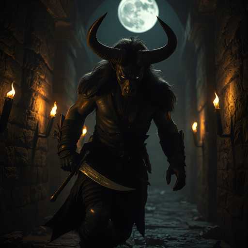 The image depicts a menacing, humanoid creature with the head of a bull, complete with large, curved horns. Its body is clad in black leather armor, including a chest plate, shoulder pads, and wrist guards. The creature's glowing yellow eyes and snarling expression add to its intimidating presence. It wields a large, curved sword in its right hand, while its left hand is clenched into a fist. The setting appears to be a dark, stone-walled tunnel or castle corridor, illuminated by flickering torches mounted on the walls. The ground is made of stone, and the overall atmosphere is shrouded in darkness, with a full moon casting a dim light from above. The creature stands in the center of the image, facing the viewer, creating a sense of impending danger.