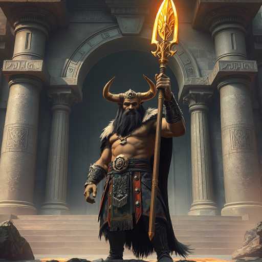 The image depicts a highly detailed, computer-generated Viking warrior standing in front of an ancient stone building with large columns and an archway. The Viking is shirtless, showcasing his muscular build, and adorned with a black leather skirt featuring red and blue tassels, a large gold belt buckle, and a fur cape draped over his shoulders. He wears a helmet with prominent, curved horns that extend outward and then inward, and his long, black beard and mustache add to his fierce appearance. His forearms are protected by metal bracers, and he holds a long spear with a golden tip in his right hand. The warrior stands on a rocky surface, with steps leading up to the building behind him, and the entire scene is rendered in a realistic, video game-like style.