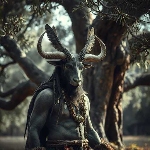 A mystical, dark-skinned figure with a goat-like head and elaborate antlers stands in a sun-dappled forest. The figure is adorned with necklaces, fur, and tribal markings, exuding a powerful, ancient aura. The background features a large, gnarled tree with textured bark and softly blurred foliage, creating a dreamlike atmosphere. The overall style is fantastical and evocative, with a focus on texture and atmospheric lighting.