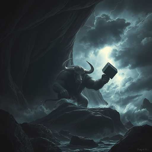 The image depicts a large, dark-colored bull standing on a rock and holding a hammer above its head. The background shows a stormy sky with lightning bolts and crashing waves.