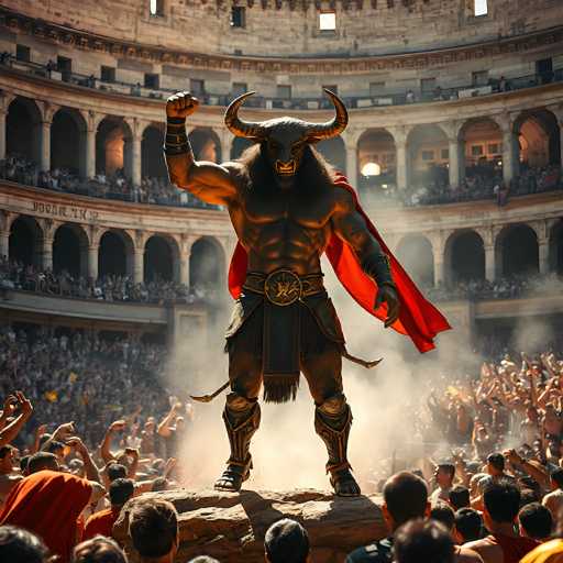 A colossal, muscular, black bull-headed figure stands triumphantly in the center of a roaring crowd within the Roman Colosseum. The bull, adorned with golden armor and a flowing red cape, raises a fist in victory amidst swirling dust. The crowd below is a sea of cheering spectators, their arms raised in excitement. The scene is bathed in warm light, emphasizing the dramatic scale and power of the mythical creature. The art style leans towards a detailed, realistic depiction with a touch of fantasy, evoking a sense of ancient spectacle and dramatic energy.
