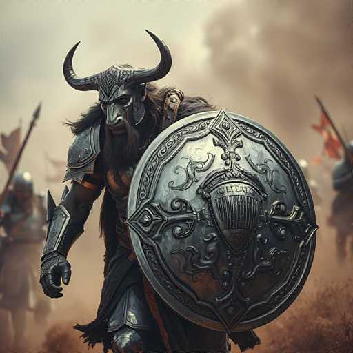 A powerful, heavily armored warrior with a horned helmet and shield stands in a dusty battlefield. The warrior is clad in dark, ornate armor with intricate details, and his long beard flows around his shoulders. He holds a large, intricately designed shield in one hand, while the other is raised as if ready for battle. The background features a blurred army of soldiers and banners, suggesting a grand scale of conflict. The overall atmosphere is one of strength, determination, and epic battle.