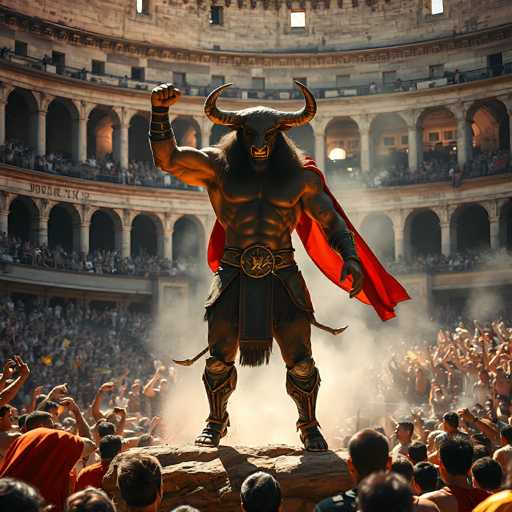 A colossal, muscular, black bull-headed figure stands triumphantly on a rocky pedestal in the center of a roaring Roman amphitheater. The bull's head is adorned with massive, curved horns and its body is covered in dark, textured skin. A vibrant red cloak billows dramatically from its shoulders, contrasting with the dark tones of its form. The figure is clad in ornate, metallic armor and a wide belt with intricate detailing. Its right arm is raised in a powerful fist, while the left arm holds a large, curved weapon. 

A dense crowd of cheering spectators surrounds the figure, their arms raised in excitement and applause. The amphitheater's architecture is grand, with towering arches and a vast audience seating area visible in the background. A cloud of dust rises around the bull, suggesting a recent battle or dramatic event. The overall atmosphere is one of intense energy and celebration, capturing the spectacle of a gladiatorial contest in ancient Rome. The lighting is dramatic, highlighting the bull's imposing form and the enthusiastic crowd.