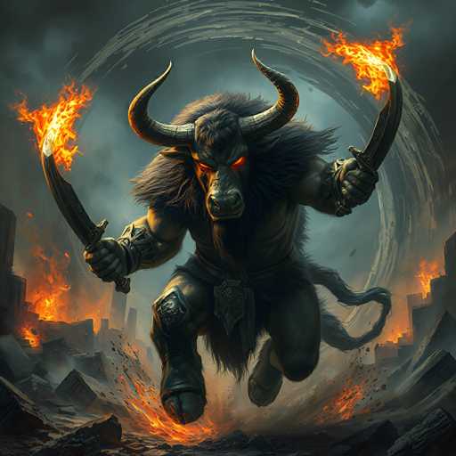 The image depicts a menacing, mythical creature with the head of a bull and the body of a man. The bull-man has large, curved horns that extend from its head and glowing red eyes that add to its fierce appearance. Its muscular arms are adorned with metal bracelets, and it wields two curved swords, each engulfed in flames at the tips. The creature's body is covered in long, shaggy fur, and it wears a loincloth with a metal belt buckle. Its legs are also hairy, and it has hooves instead of human feet. The creature appears to be in mid-leap, with its front right leg extended forward and its left leg bent behind it. A long, flowing tail trails behind. The background is a chaotic scene of destruction, with crumbling buildings and scattered rocks, all ablaze. A circular, white swirl of smoke or energy hovers behind the creature, enhancing the sense of dynamic movement and otherworldly power.