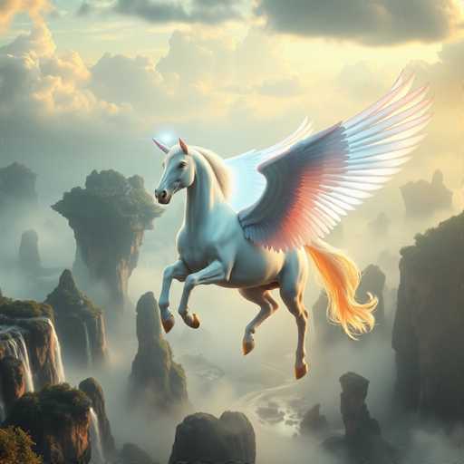 The image depicts a majestic white unicorn with large, pinkish-purple wings and a flowing orange mane and tail, flying through a mystical, foggy landscape. The unicorn's horn is glowing, adding to its ethereal appearance. Below, a river winds through a series of tall, rocky cliffs and islands, some adorned with waterfalls. The sky above is filled with clouds, illuminated by the sun, creating a serene and enchanting atmosphere. The scene is rich in detail, with the unicorn's wings spread wide as it soars above the rugged terrain, surrounded by the misty, dreamlike environment.