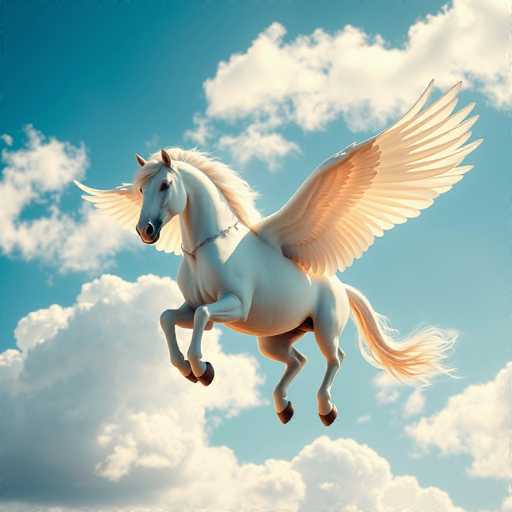 A majestic white horse with a flowing mane and tail soars through a vibrant blue sky, its wings spread wide. The horse's hooves are a rich brown, contrasting beautifully with its pristine white coat. A delicate chain adorns its neck, adding a touch of elegance to its ethereal appearance. The horse's wings are a striking golden color, with sunlight gleaming off the feathers, creating a mesmerizing effect. The sky is dotted with fluffy white clouds, enhancing the dreamlike quality of the scene. The horse's mane and tail catch the light, appearing almost golden themselves, as it glides effortlessly through the air. The overall image exudes a sense of freedom and grace, capturing a moment of pure magic as the horse flies through the sky.