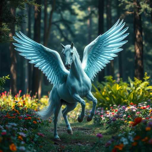 A majestic white horse with ethereal blue wings stands gracefully in a lush, vibrant field. Its flowing mane and tail catch the light, contrasting beautifully against the deep blue of the wings. The horse's hooves are a rich brown, grounding it in the verdant grass. Surrounding the creature is a tapestry of colorful flowers in shades of pink, red, orange, and yellow, interspersed with green leaves and bushes. The background is a serene forest, with tall trees and a canopy of green leaves, allowing dappled sunlight to filter through. The scene is a harmonious blend of nature's beauty, with the mythical horse as the centerpiece, exuding an aura of magic and tranquility.