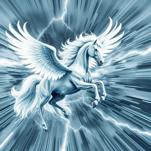 The image depicts a majestic white Pegasus in mid-flight, its powerful wings spread wide as it soars through the air. The Pegasus's mane and tail flow gracefully behind it, adding to the sense of motion and freedom. Its front legs are bent at the knees, while its back legs extend straight down, capturing the dynamic energy of its flight. The background is a swirling mix of dark and light blue hues, creating a sense of depth and movement. Surrounding the Pegasus are numerous lightning bolts, crackling and illuminating the scene with their intense energy. These bolts of lightning seem to emanate from the Pegasus itself, emphasizing its mythical and powerful nature. The overall composition is vibrant and electrifying, with the Pegasus appearing to glide effortlessly through a tempestuous sky.