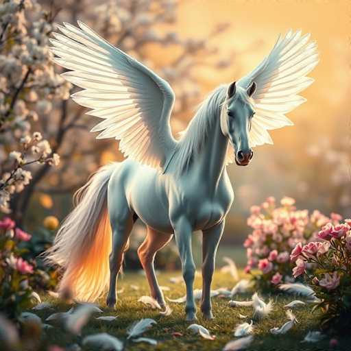 A white unicorn with large wings and a long tail stands on a grassy field surrounded by pink flowers. The background features trees and bushes against an orange sky.