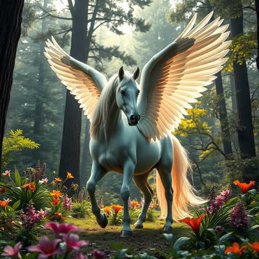 A white horse with long blonde mane and tail is standing on a grassy area surrounded by flowers of various colors including pink, orange, yellow, and purple. The background consists of trees and foliage, creating an impression of the horse being in a forest or garden setting.