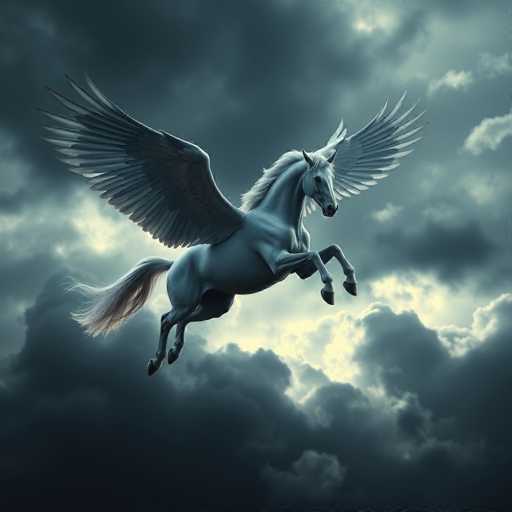 The image depicts a majestic winged horse soaring through a stormy sky. The horse, predominantly white with a grayish tint, has its front legs raised high and its back legs extended behind, giving the impression of dynamic flight. Its large, outstretched wings are a darker gray, contrasting with its flowing white mane and tail. The horse's head is turned to the right, showcasing its expressive eyes and a prominent horn protruding from its forehead. The background is filled with dark, ominous clouds, with a small patch of light breaking through directly beneath the horse, illuminating its form against the turbulent backdrop. The overall scene exudes a sense of power and otherworldliness, as if the horse is a mythical creature navigating through a tempestuous sky.