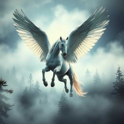 A majestic white horse with large, ethereal wings soars through a misty forest. The horse's wings are predominantly white, with the tips tinged in a delicate light pink. Its flowing mane and tail mirror this soft pink hue, adding to its otherworldly appearance. The horse's ears are perked up, and its eyes are a deep black, giving it an intense, focused expression. The background is a dreamy blend of dark blue and gray clouds, with the sun peeking through, casting a gentle glow on the horse's body. Below, the forest is shrouded in fog, with the silhouettes of tall pine trees emerging from the mist, creating a mystical and enchanting scene.